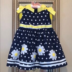 Blueberi Boulevard Polka Dot Daisy Dress EUC 18M Navy & Yellow